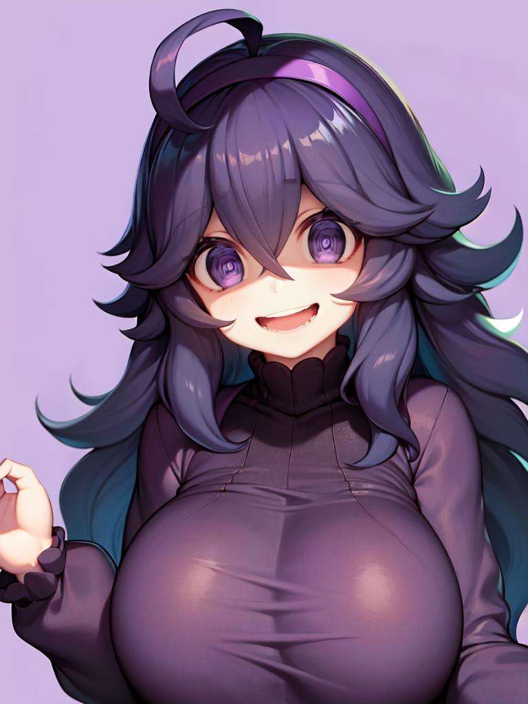 masterpiece, best quality, large breasts,  <lora:Hex Maniac01:1>, occult,long hair,ahoge,hairband,@ @,1girl,purple hairband,dress,messy hair,smile,breasts,hair between eyes,looking at viewer,solo,bangs,purple hair,alternate breast size,open mouth,purple eyes,simple background,long sleeves,occult mania girl,