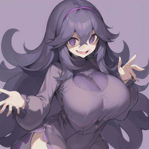 occult,long hair,ahoge,hairband,@ @,1girl,purple hairband,dress,messy hair,smile,breasts,hair between eyes,looking at viewer,solo,bangs,purple hair,alternate breast size,open mouth,purple eyes,simple background,long sleeves,occult　mania girl,<lora:occult　mania01:1> 