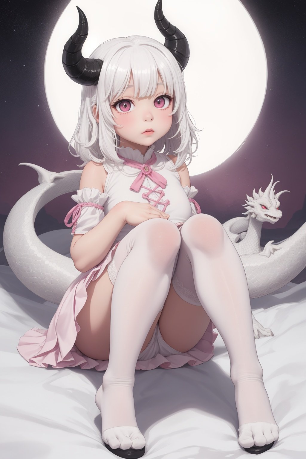  A seven-year-old girl with a round face, big eyes, high bangs, white hair, a pair of milky white dragon horns, a white skirt sandwiched with pink, white over-the-knee stockings,32k,children