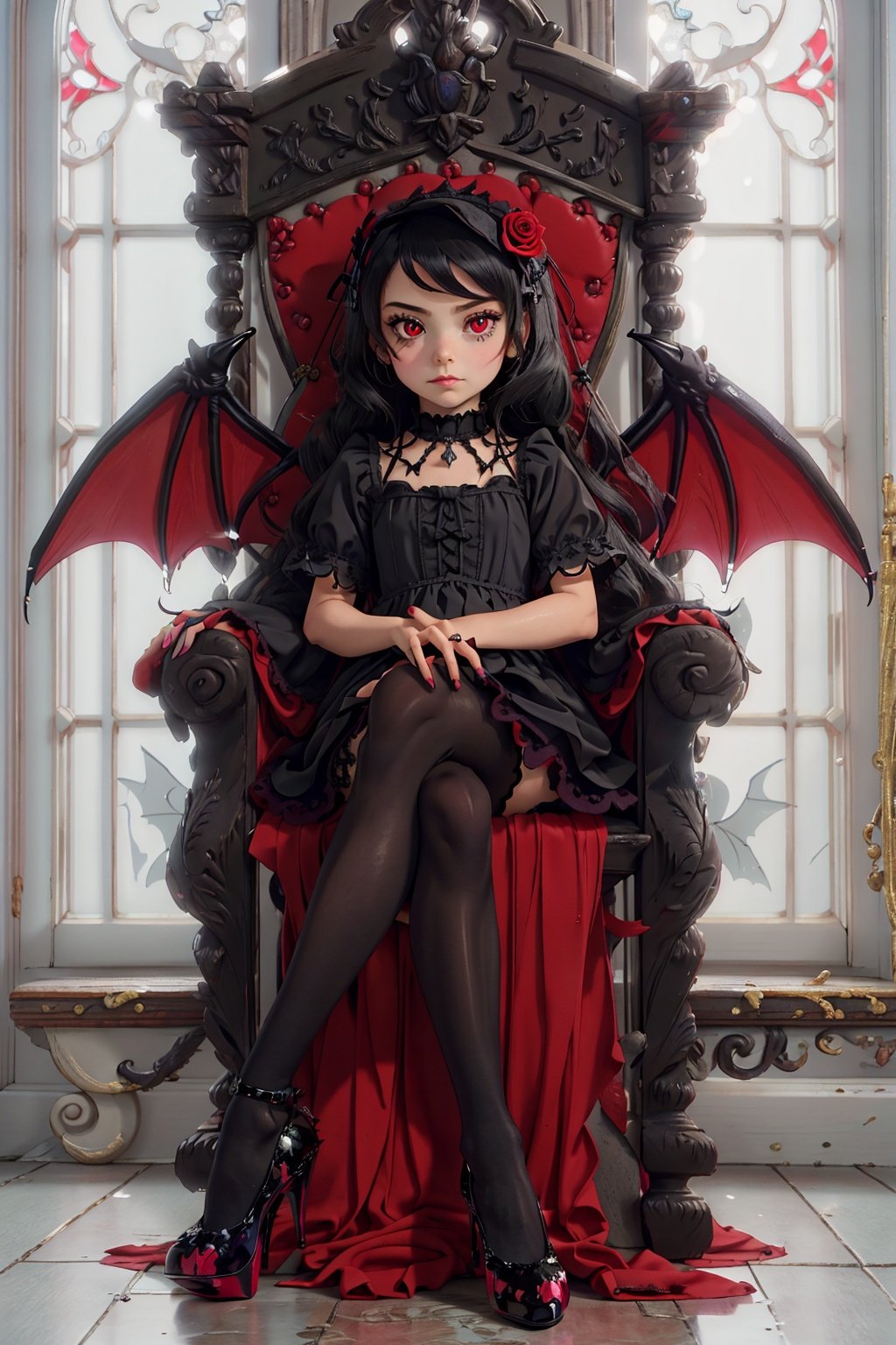 masterpiece, ((best quality)), (ultra-detailed), (illustration), an extremely delicate and beautiful girl, dynamic angle, chromatic aberration, ((colorful)),//,1girls,loli,(petite child:1.1),//,(in Gothic castle),girl with black hair,red eyes,Vertical pupil,long hair,hair arrangement,(Detailed face description),(batwing),(Gothic Lolita),(bat tail),alccandlestick,Cathedral glass,,short skirt,black pantyhose,red lace,high heels,rose tattoo,throne,sitting,crossed legs,//,