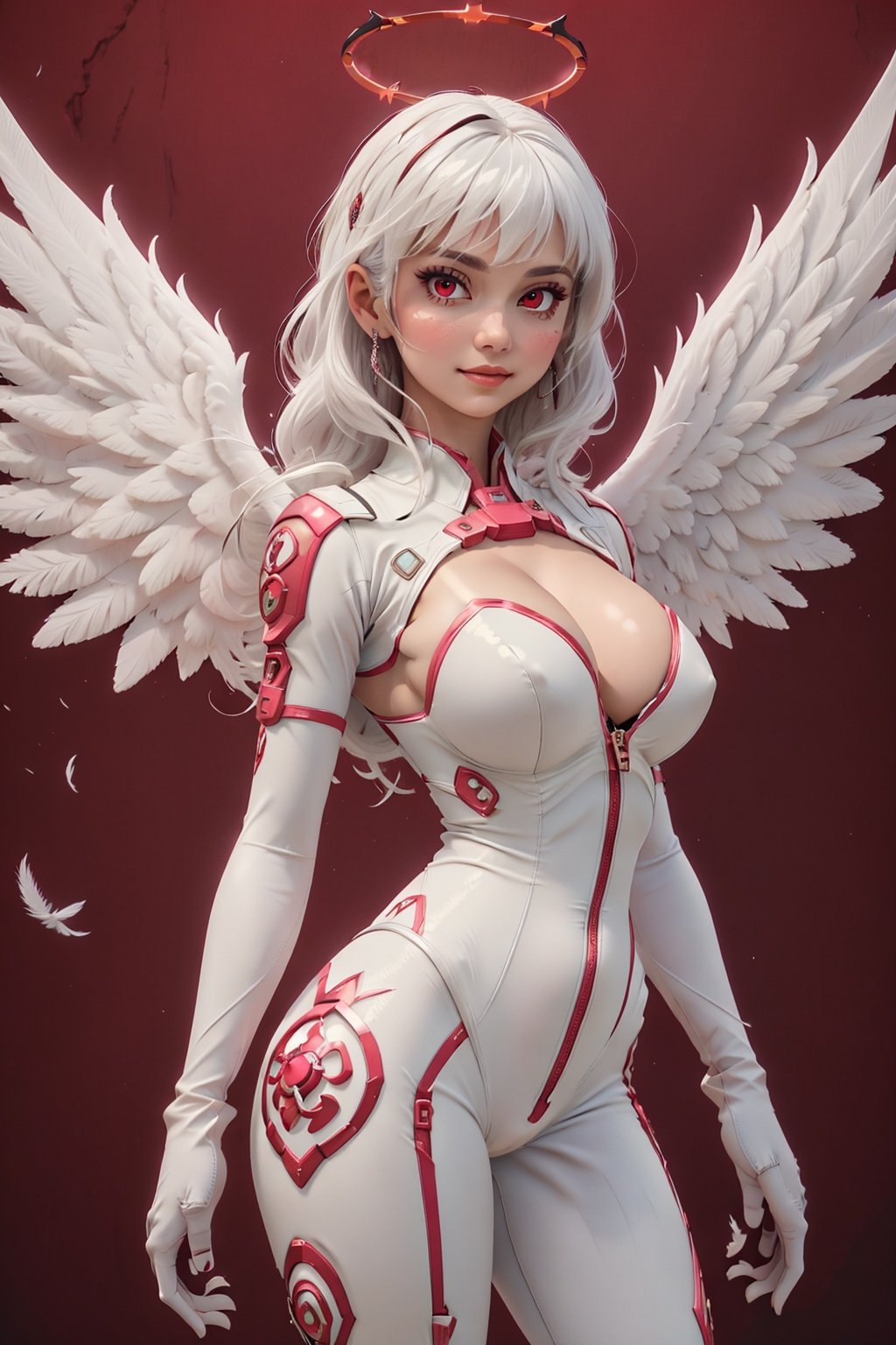 :),large breasts,masterpiece,cleavage, intricate detail,best quality, a 1girl, halo, solo, long hair, red eyes, wings, red background,
 angel, looking at viewer, angel wings, feathered wings, bangs, simple background, white hair, closed mouth,gloves,pink bodysuit,shrug \(clothing\),, 