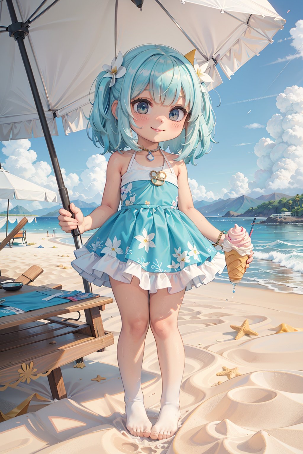 1Girl, (masterpiece, high definition, best quality: 1.5), smile, ice cream in a cup, ice cream in hand, cute swimming ring, excellent detail handling, handle hand details in place, beautiful ice cream, transparent, hawaii, beach, spin, seabird, (beach deck chair), (beach umbrella), white pantyhose, children, 32k