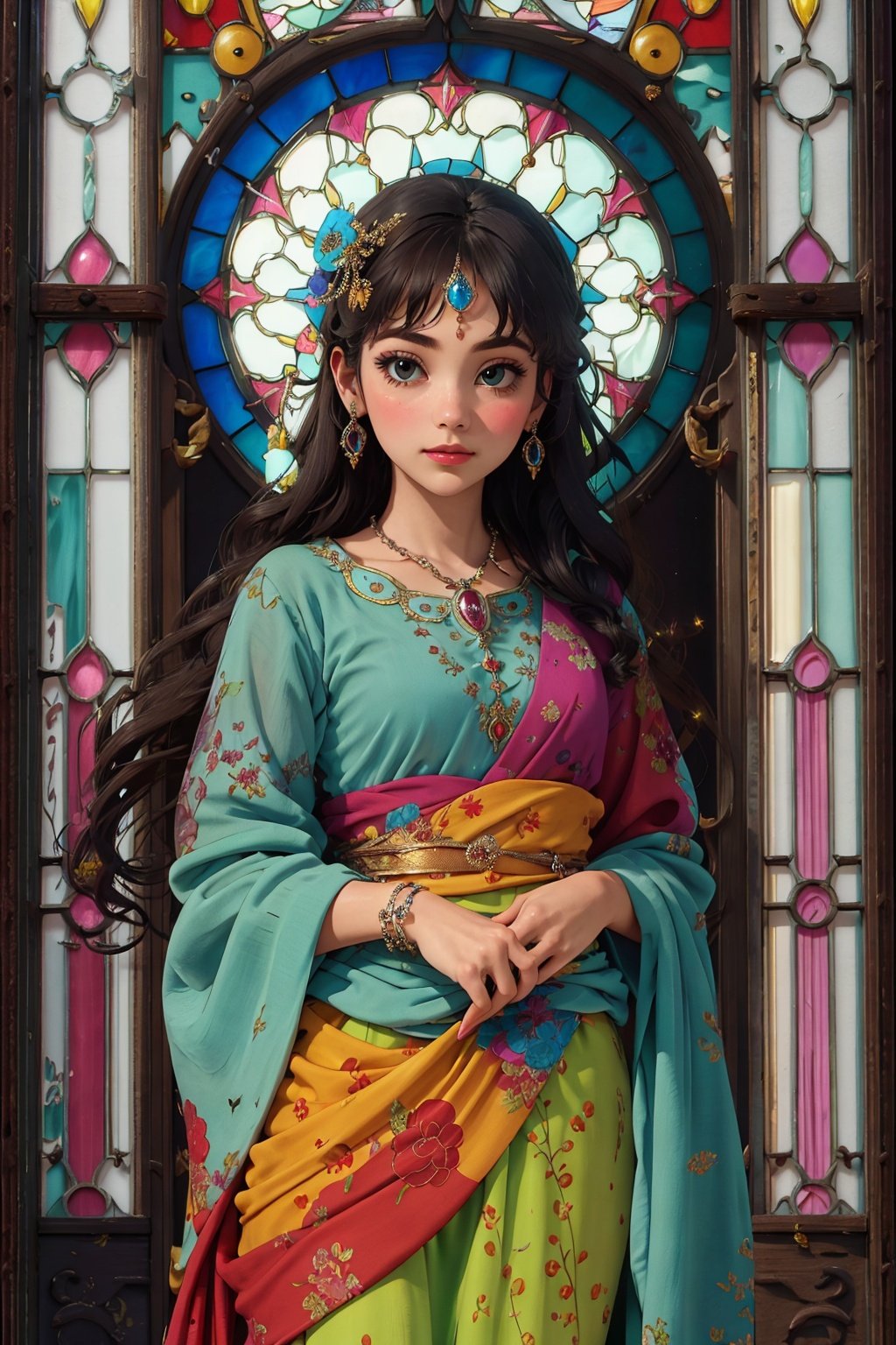 (masterpiece, top quality, best quality,official art, beautiful and aesthetic:1.2),(1girl:1.3), 1girl BREAK stained glass art, colored glass, lead lines, light transmission BREAK vibrant colors, intricate designs, luminous effects, spiritual ambiance