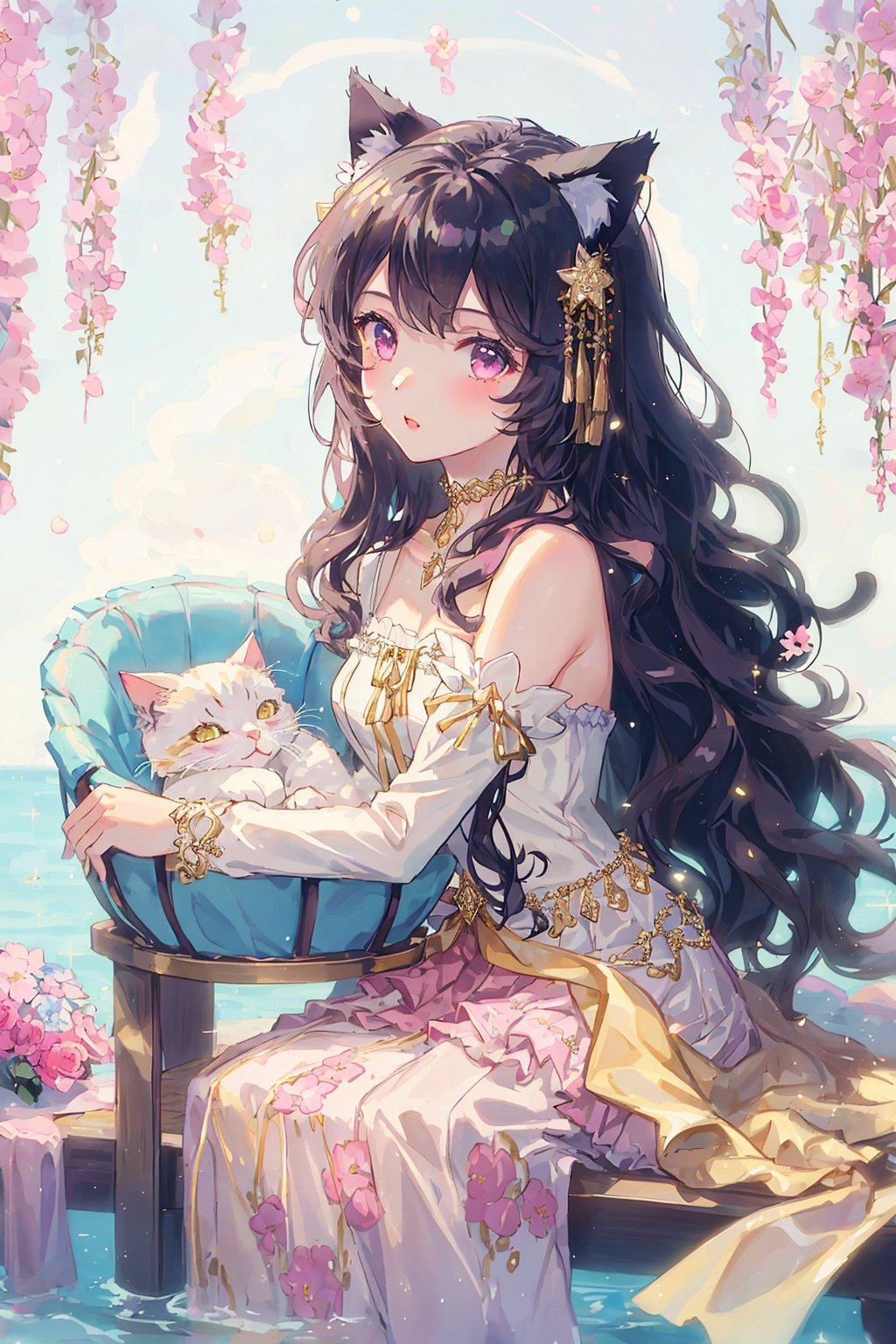 1girl, wearing a white tulle skirt with golden tassels, exquisite face, gold jewelry, gold decoration, black wavy hair, a pair of cat ears that can control water around her, dazzling and colorful, extremely cute, sitting in a cradle full of flowers,Pink Mecha