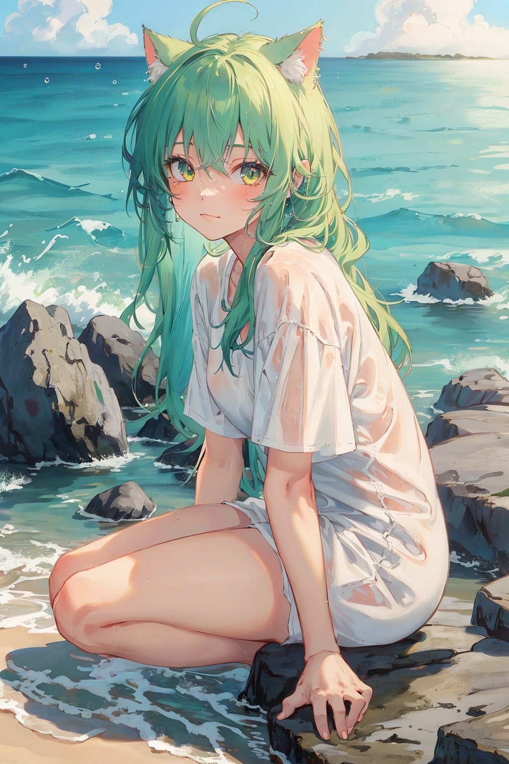 1girl, cat girl,
light green hair, messy hair, long hair, (Detailed eyes description), :3, yellow eyes, cute,
oversized clothes, (oversized white shirt), (bare legs),
beach, seaside, water drops, shine, sunlight, rocks,
(masterpiece:1.2), (best quality), (ultra-detailed), 
, 