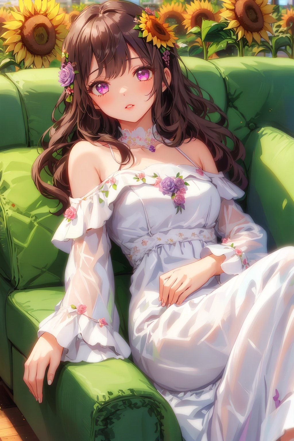 1girl,flower,purple_flower,yellow_flower,long_hair,couch,solo,white_flower,white_dress,looking_at_viewer,pink_flower,plant,purple_eyes,hair_flower,off_shoulder,on_couch,on_back,sunflower,long_sleeves,brown_hair,hair_ornament,lying,bangs,dress,rose,hydrangea,day,parted_lips