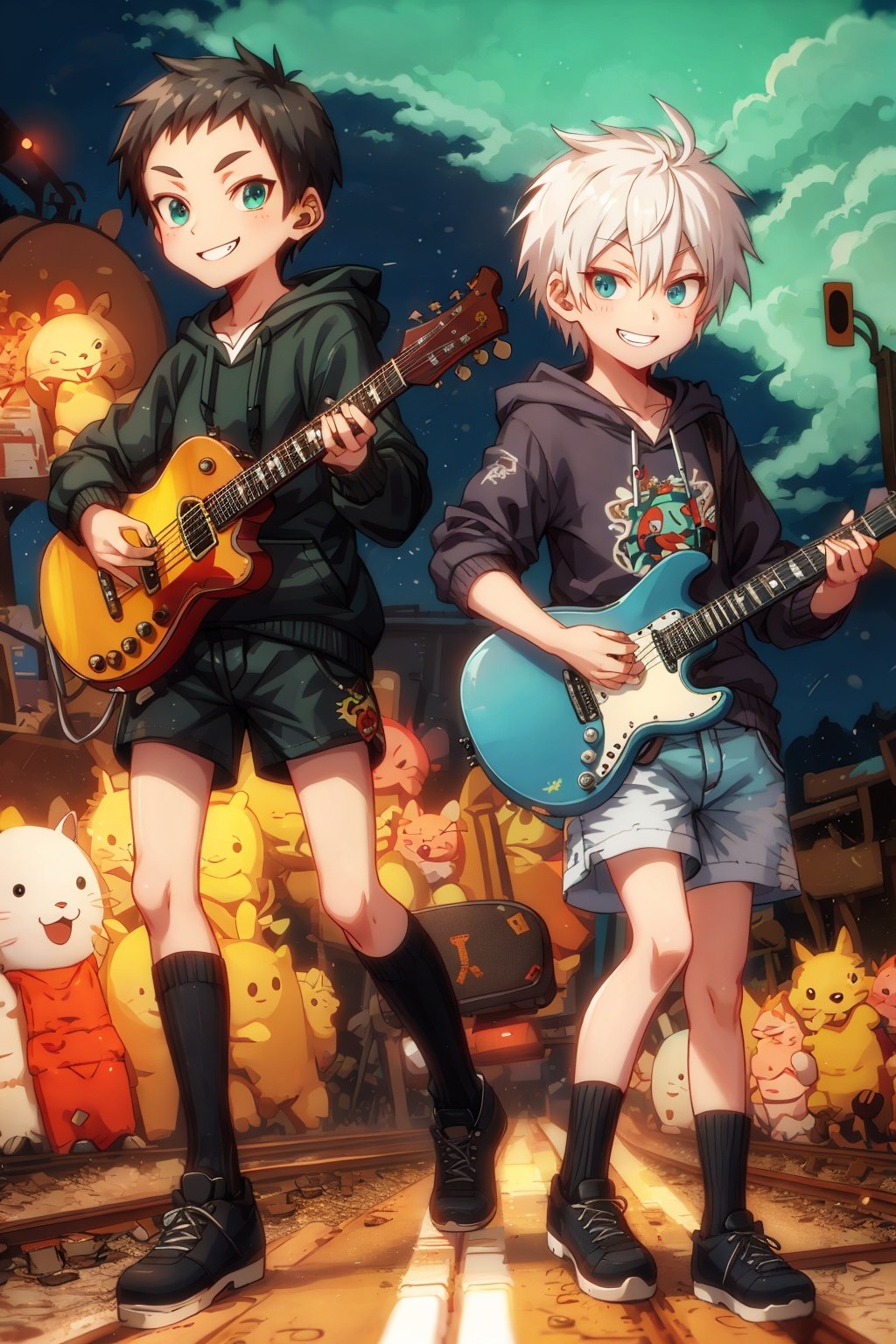 hoodie,shorts,very short hair,evil smile,1boy,guitar,railroad crossing