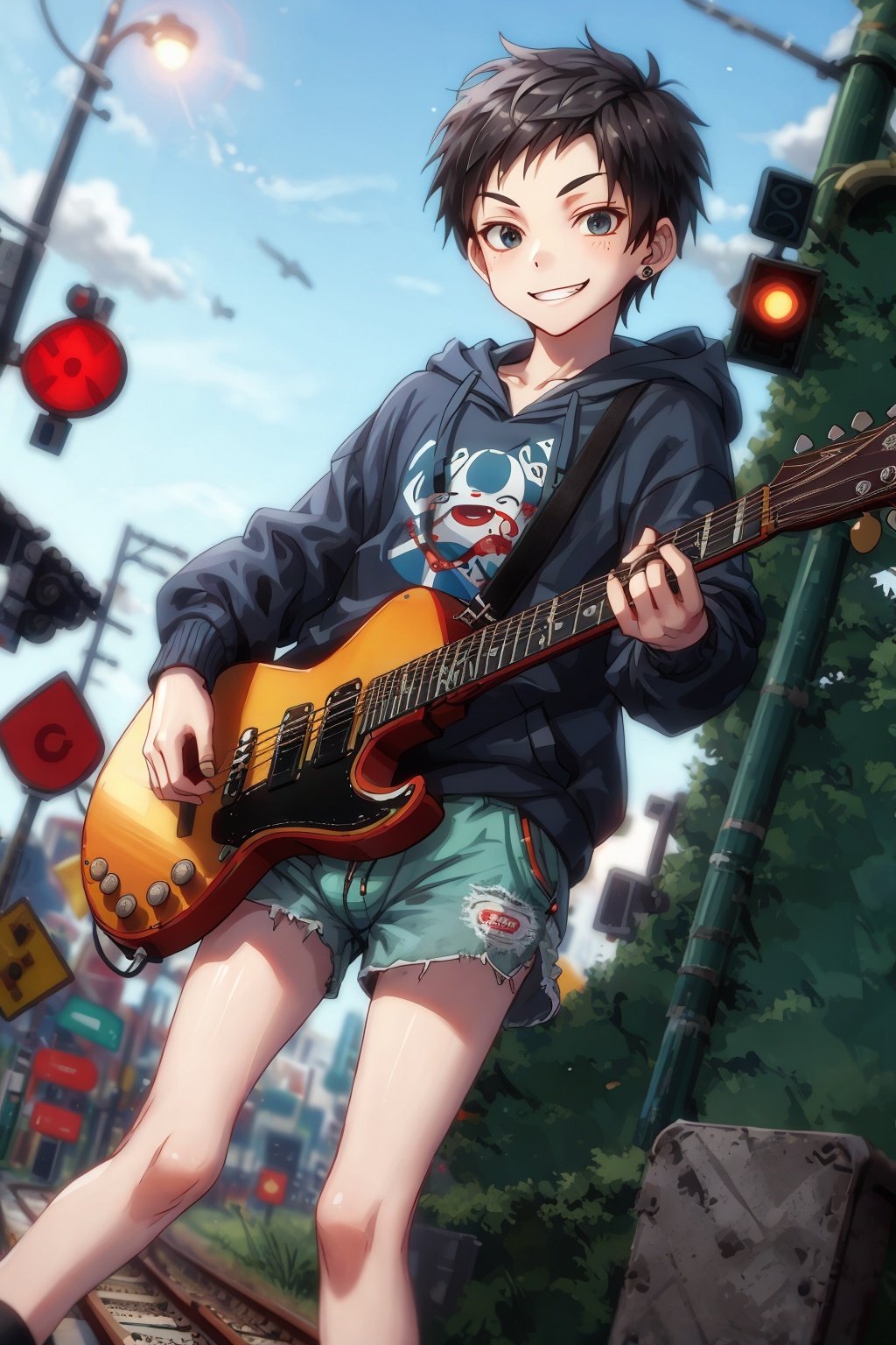 hoodie,shorts,very short hair,evil smile,1boy,guitar,railroad crossing