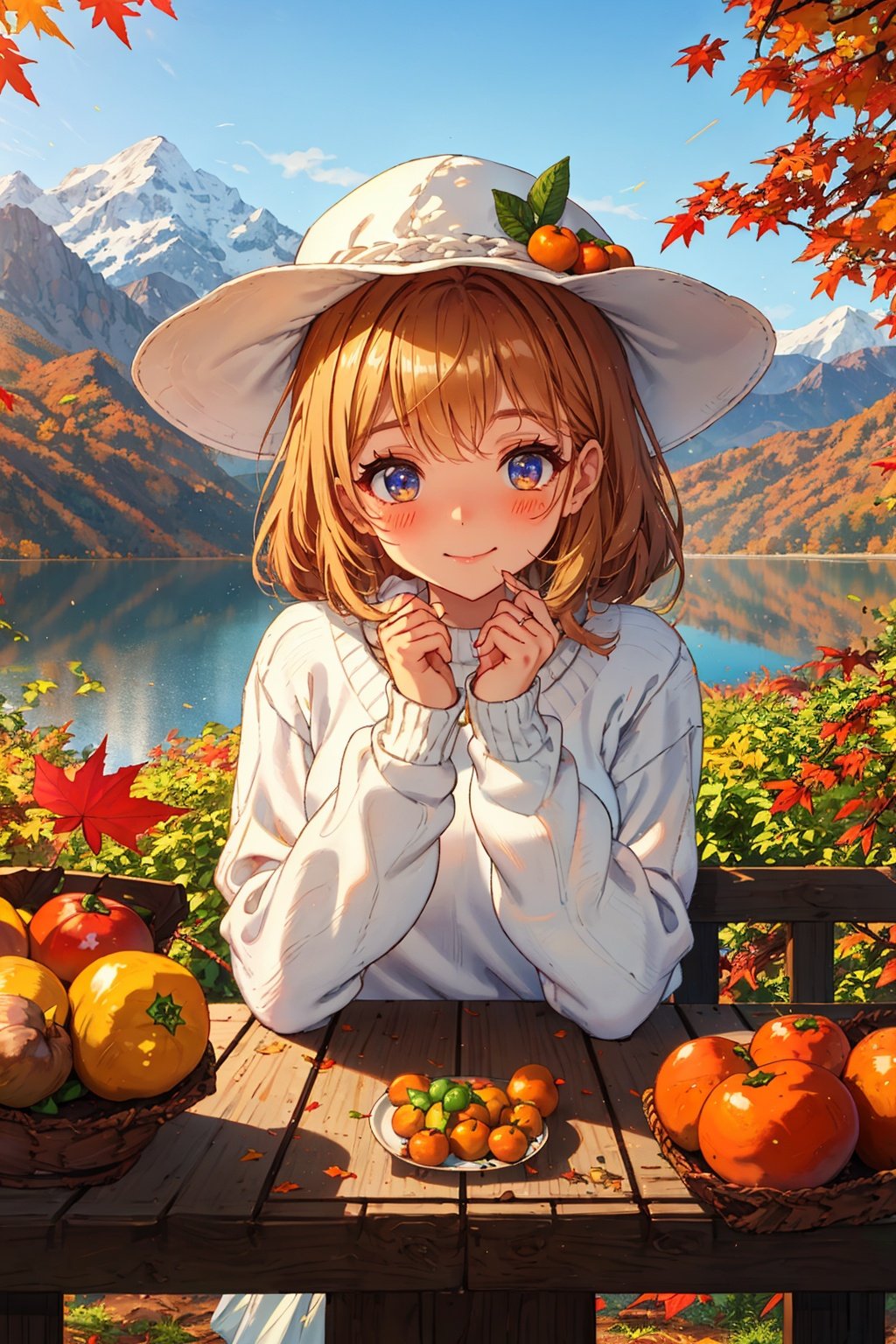 A beautiful Korean girl,White rabbit ear hat, white sweater,morning dew in autumn, maple leaves, serene lake surface, mountains, open-air cafe, cabin, campfire, fishing, mountain trails, autumn wedding,golden autumn leaves, autumn colors, autumn breeze, wisps of smoke, dew, autumn scenery, harvest season, warm sunlight, persimmons, grapes, ripe fruits, 