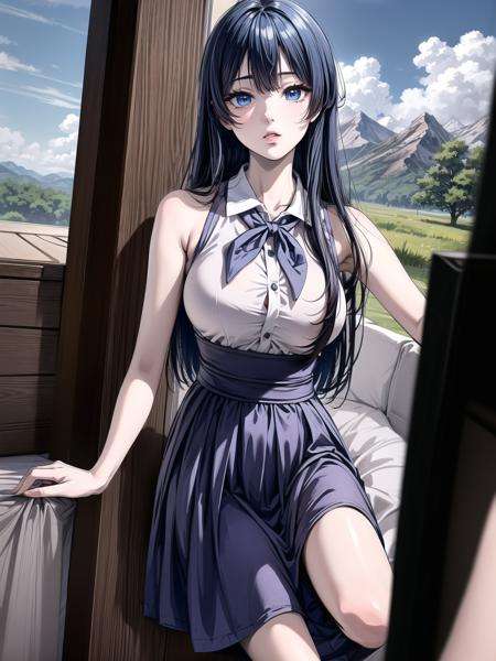 masterpiece, best quality, extremely delicate and beautiful, ultra-detailed, 8k, 4k, highres, high quality, absurdres, finely detail, manga, anime coloring, 1girl, solo, long hair, blue eyes, blue hair, out door, cloudy sky, mountain, jk_lure_dress2, <lora:jk_lure_dress2:0.75>, <lyco:GoodHands-beta2:1.0>, <lora:add_detail:1>