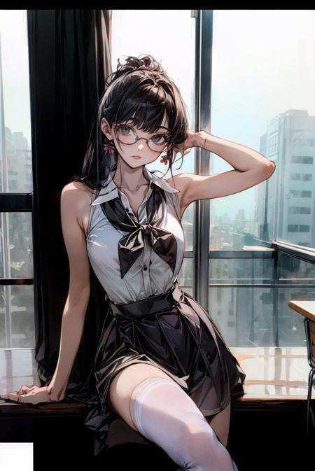 (masterpiece, top quality, best quality, official art, beautiful and aesthetic:1.2),1girl, solo, jk_lure_dress2, looking at viewer, glasses , cowboy shot, sitting in classroom, <lora:add_detail:1.2>, <lora:jk_lure_dress2:1>