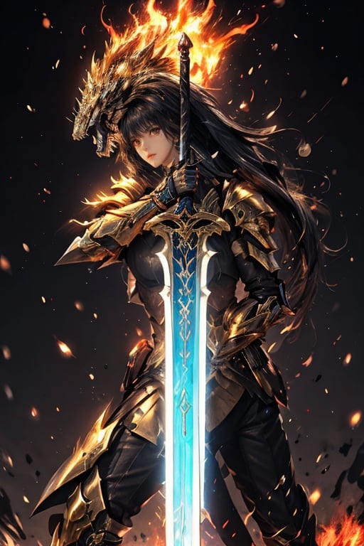 Cyberpunk,mechanical elements,jian_xy, fire, embers, flaming_sword, flaming_weapon, flame, sword, burning, holding, holding_sword, weapon, sparks, 1girl, glowing_sword, solo, holding_weapon, glowing_weapon, long_hair, armor, explosion, molten_rock, pyrokinesis, looking_at_viewer, closed_mouth, <lora:dbj:0.6>,Giant,lightning