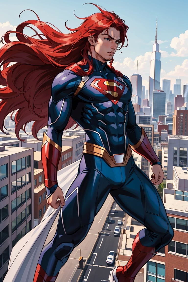 masterpiece, 1boy, long hair, red hair, super hero landing, middle of the strret, cityscape, wind, foating hair, 