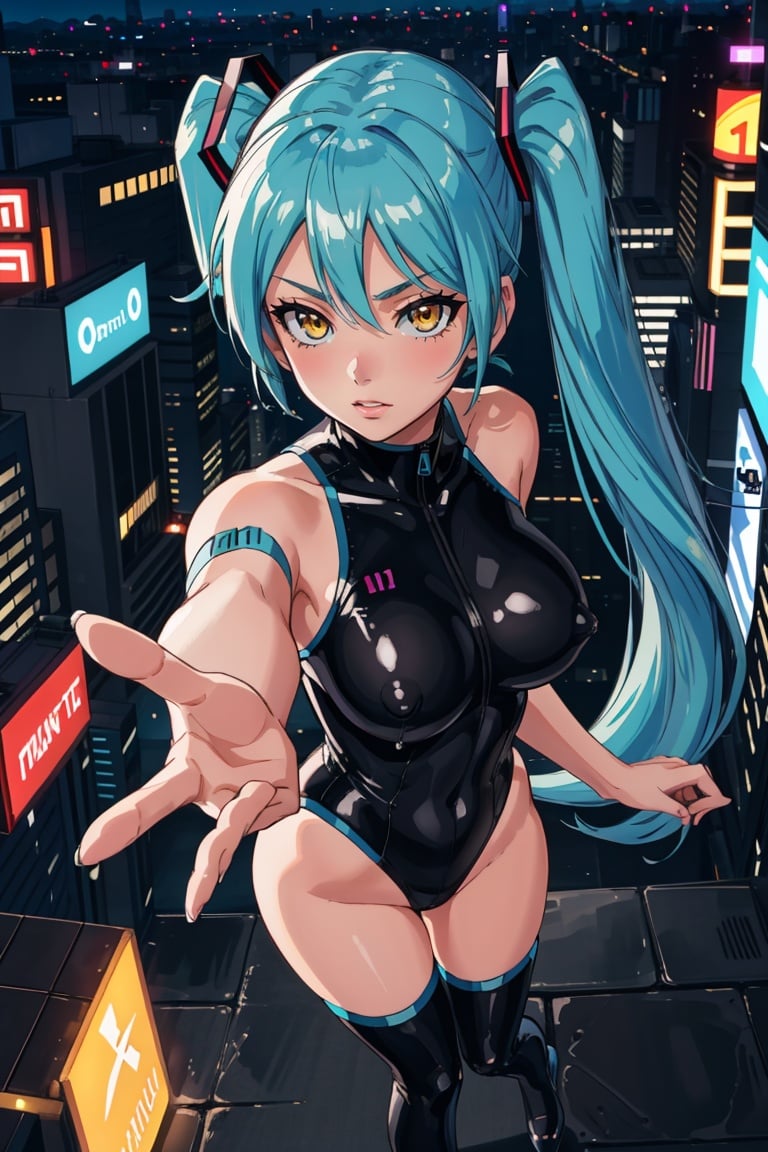 Anime, (masterpiece:1.2, best quality:1.2, beautiful, high quality, highres:1.1, aesthetic), detailed, extremely detailed, ambient soft lighting, 4K,1girl, aqua hair, hatsune miku, yellow eyes, red leotard, large breast, nipple slip, reaching out, neon city, cinematic lighting, from above, (crowd)