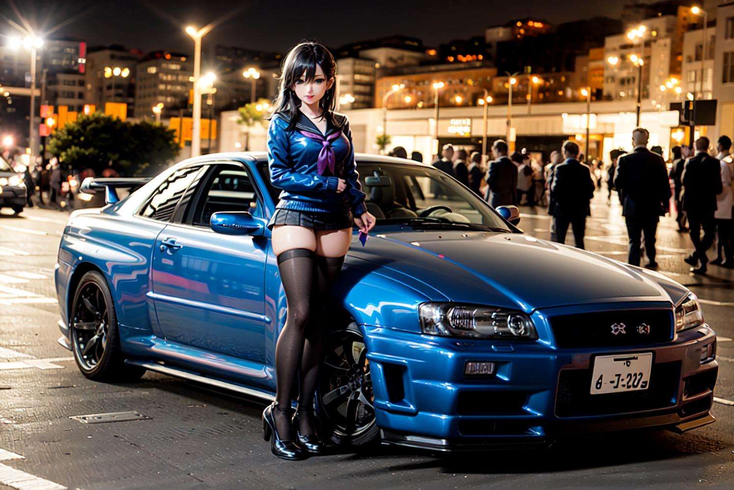 ((masterpiece, best quality)), ((1girl)), (1girl:1), [car], solo, (girl stand in front of car),sitting , sidelocks, aqua eyes, bangs, hair between eyes, looking at viewer, long sleeves,bright,neon lights,night,midnight,city,cyberpunk,light,[motor vehicle],[ground vehicle], sports car, black sailor collar, black serafuku, long hair, black hair, black thighhighs, Pleated skirt, brown footwear, vehicle focus, <lora:skylineR34-000014:0.8>