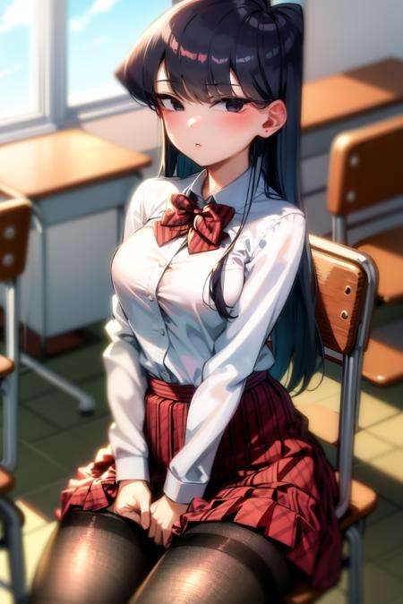 <lora:komiCantCommunicate:1>, komiShouko, masterpiece, best quality, absurdres, 1girl, looking at viewer, v arms, pantyhose, classroom, school uniform, red skirt, red bow, blazer, window, sitting, chair, crowd