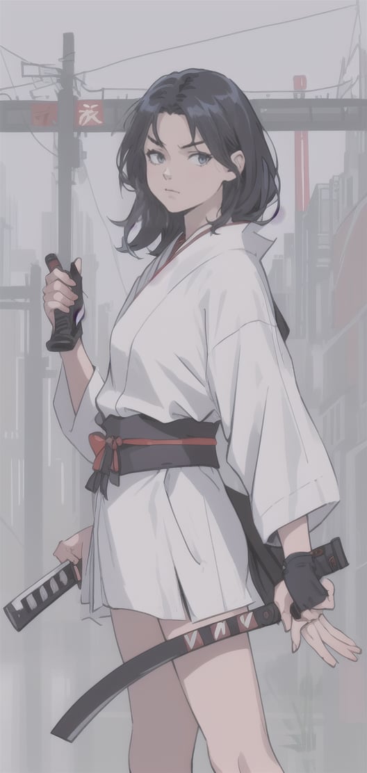 Create a last samurai woman in age of technology, Last battle,,holding katana, background of futuristic tokyo, dark rainy day, highly detailed.,Movie Still,oni style,DonMPl4sm4T3chXL ,DonMCyb3rN3cr0XL ,DonMWr41thXL ,Film Still