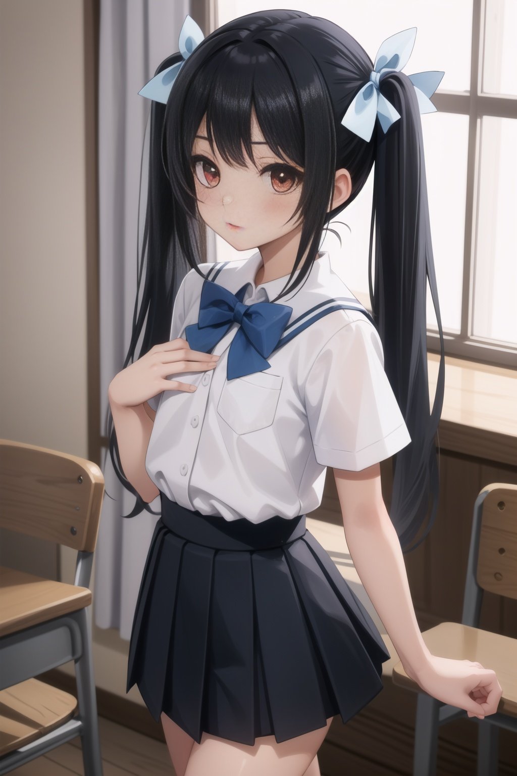 (masterpiece, best quality),  intricate details,1girl,   <lora:tsube_aika_ver1.0_2:0.8> tsube_aika, long hair, black  hair, red eyes, flat chest, twintails, school uniform, white shirt, miniskirt, black skirt, short sleeves, high waist skirt, light blue bow,