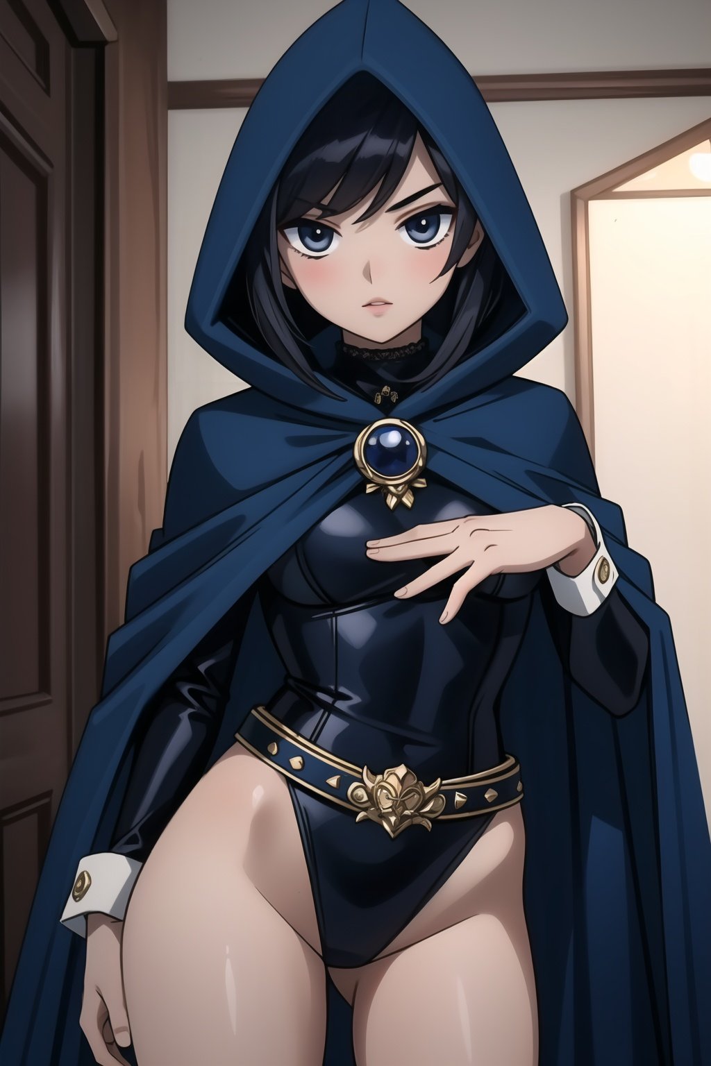 (masterpiece, best quality),  intricate details,1girl, <lora:Raven V4:0.7>  RavenTT, navy-blue cloak, black leotard, brooch, belt, 