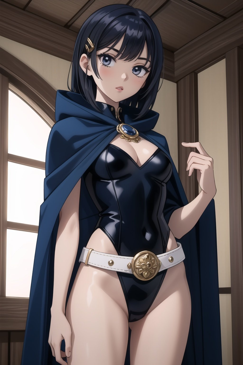 (masterpiece, best quality),  intricate details,1girl, <lora:Raven V4:0.6>  RavenTT, navy-blue cloak, black leotard, brooch, belt, white skin, black hair 