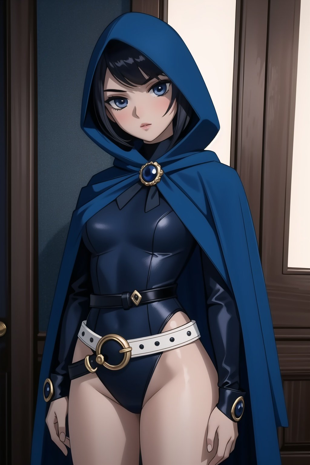 (masterpiece, best quality),  intricate details,1girl, <lora:Raven V4:0.7>  RavenTT, navy-blue cloak, black leotard, brooch, belt, 