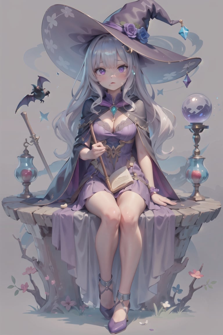 <lora:gamev4Fix-0.1-None-b2-bf16-D128-A128-1-ep64-768-DAdaptation-constant:1>(white background:1.5),1girl,mid shot,full body,solo,watercolor,purple theme,witch,sitting,gentle breeze,detailed sky,detailed eye,side blunt bangs,hairs between eyes,close to viewer,flying splashes,flying petals,wind,young adult,purple hair,long wavy hairstyle,silver hair accessory,purple eyes,almond-shaped eyes,serene expression,average breast size,purple witch hat,black wide-brimmed hat,purple cloak,flowing fabric,stars pattern,crescent moon pendant,purple dress,floral print,ankle-length,silver jewelry,magical staff,moon-shaped gemstone,night sky background,twinkling stars,full moon,misty clouds,silhouettes of trees,owl perched on a branch,book of spells,glowing purple runes,crystal ball,purple smoke,sparkles,enchanted forest,moonlit path,glowing mushrooms,potion bottles,bubbling cauldron,broomstick,flying silhouette of a bat,castle silhouette,moonlit lake,reflection of the moon,shooting stars,mystical aura, spring