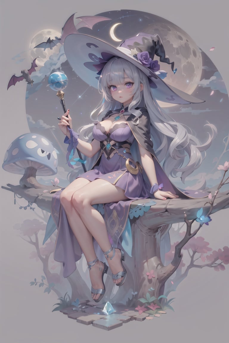 <lora:gamev4Fix-0.1-None-b2-bf16-D128-A128-1-ep64-768-DAdaptation-constant:1>(white background:1.5),1girl,mid shot,full body,solo,watercolor,purple theme,witch,sitting,gentle breeze,detailed sky,detailed eye,side blunt bangs,hairs between eyes,close to viewer,flying splashes,flying petals,wind,young adult,purple hair,long wavy hairstyle,silver hair accessory,purple eyes,almond-shaped eyes,serene expression,average breast size,purple witch hat,black wide-brimmed hat,purple cloak,flowing fabric,stars pattern,crescent moon pendant,purple dress,floral print,ankle-length,silver jewelry,magical staff,moon-shaped gemstone,night sky background,twinkling stars,full moon,misty clouds,silhouettes of trees,owl perched on a branch,book of spells,glowing purple runes,crystal ball,purple smoke,sparkles,enchanted forest,moonlit path,glowing mushrooms,potion bottles,bubbling cauldron,broomstick,flying silhouette of a bat,castle silhouette,moonlit lake,reflection of the moon,shooting stars,mystical aura, spring