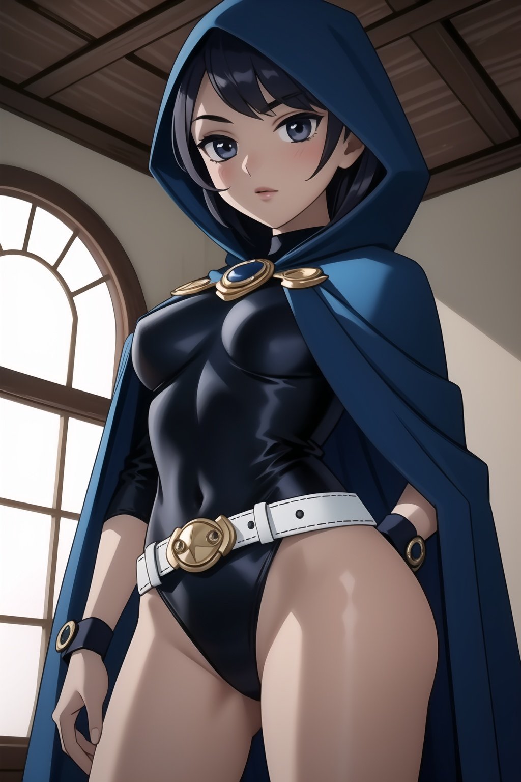 (masterpiece, best quality),  intricate details,1girl, <lora:Raven V4:0.7>  RavenTT, navy-blue cloak, black leotard, brooch, belt, 