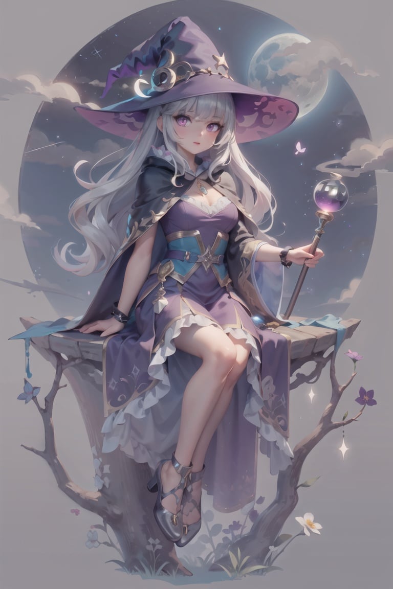 <lora:gamev4Fix-0.1-None-b2-bf16-D128-A128-1-ep64-768-DAdaptation-constant:1>(white background:1.5),1girl,mid shot,full body,solo,watercolor,purple theme,witch,sitting,gentle breeze,detailed sky,detailed eye,side blunt bangs,hairs between eyes,close to viewer,flying splashes,flying petals,wind,young adult,purple hair,long wavy hairstyle,silver hair accessory,purple eyes,almond-shaped eyes,serene expression,average breast size,purple witch hat,black wide-brimmed hat,purple cloak,flowing fabric,stars pattern,crescent moon pendant,purple dress,floral print,ankle-length,silver jewelry,magical staff,moon-shaped gemstone,night sky background,twinkling stars,full moon,misty clouds,silhouettes of trees,owl perched on a branch,book of spells,glowing purple runes,crystal ball,purple smoke,sparkles,enchanted forest,moonlit path,glowing mushrooms,potion bottles,bubbling cauldron,broomstick,flying silhouette of a bat,castle silhouette,moonlit lake,reflection of the moon,shooting stars,mystical aura, spring