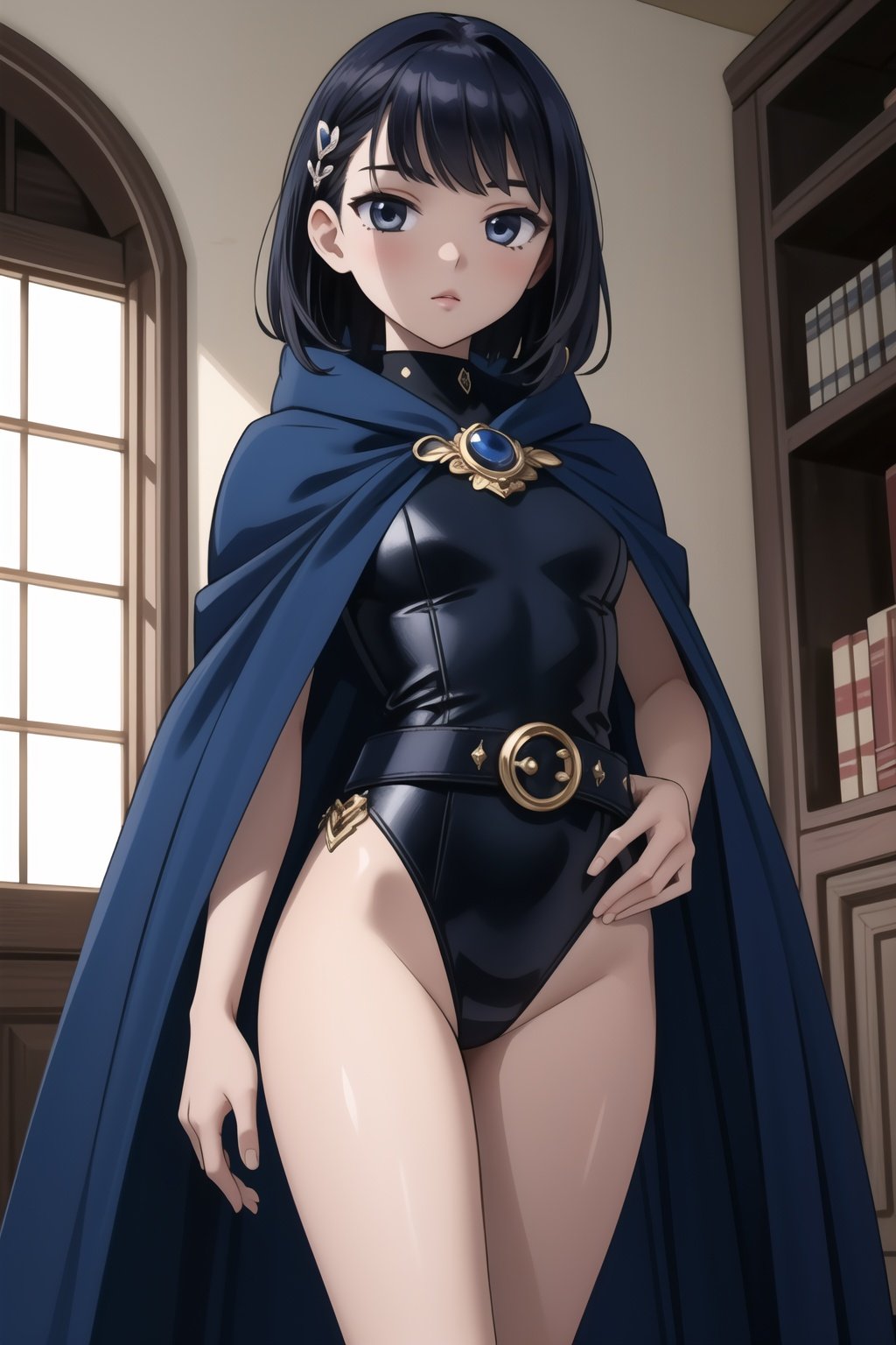 (masterpiece, best quality),  intricate details,1girl, <lora:Raven V4:0.6>  RavenTT, navy-blue cloak, black leotard, brooch, belt, white skin, black hair 