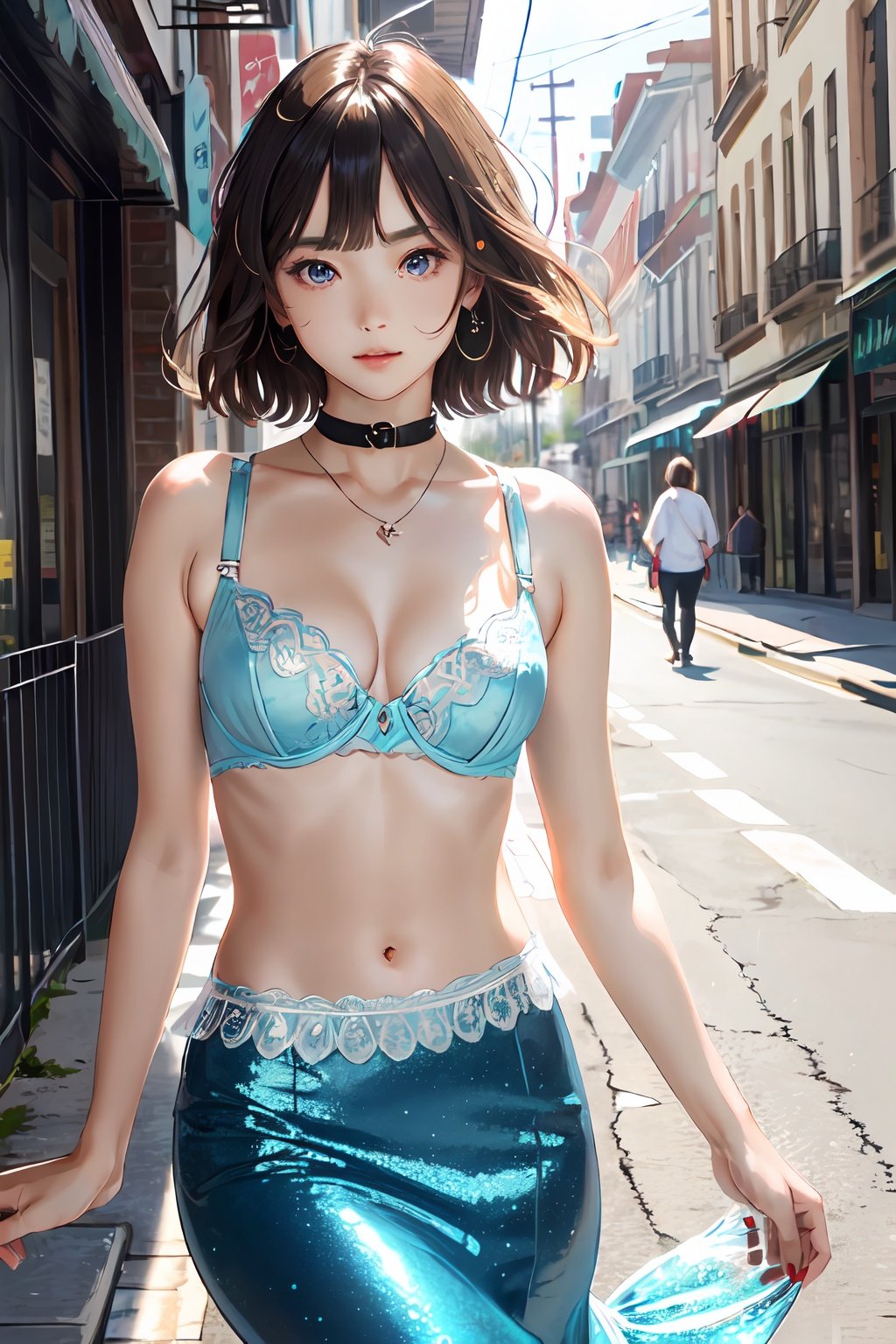 1girl, (masterpiece:1.2), highres, high quality, (perfect face and eyes:1.2), (textured skin:1.2), mermaid, bra, city, street, brown hair, short hair, jewelry, cute, dynamic angle