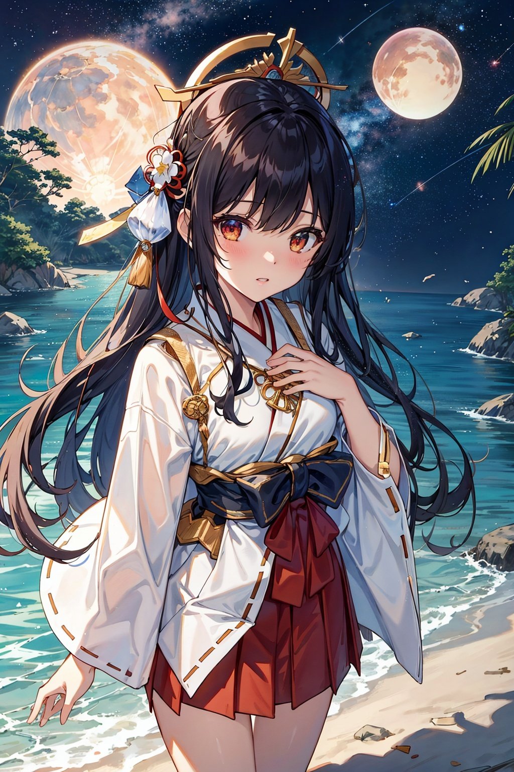 //基础//
32,高清, highest quality, masterpiece, detailed illustration, (dramatic_angle),beautifuldetailed water,
//可爱的人物//
1girl,miko,miko dressing,red_pleated_skirt,hair ornament,
//环境//
night,galaxy,halo,beautiful detailed sky,((by the beach)),stars,jungle ,small crab,(meteor),blow wind.
//风格//
,watercolor.