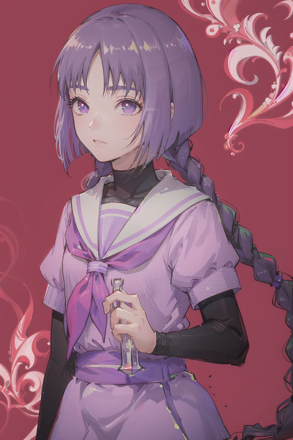 sumire kakei, twin braids, school uniform, serafuku, sailor collar, neckerchief, purple skirt, black shirt, black sleeves,UHD, retina, masterpiece, ccurate, anatomically correct, textured skin, super detail, high details, high quality, award winning, best quality, highres, <lora:EMS-4129-EMS:1>