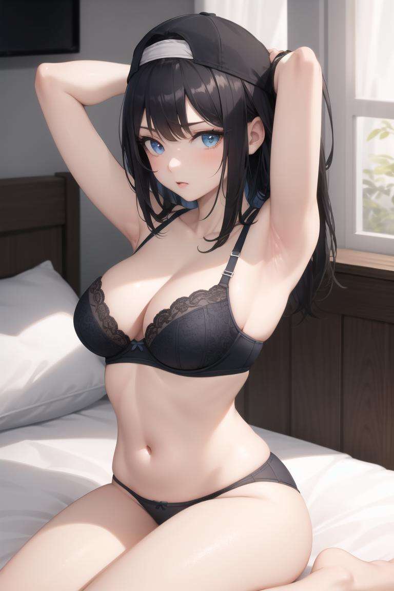 masterpiece, best quality, absurdres, perfect anatomy, 1girl, solo, backwards cap, black hair, blue eyes, arms up, black panties, bra, breasts, cleavage, panties, sitting, sports bra, underwear, on bed, hand in own hair