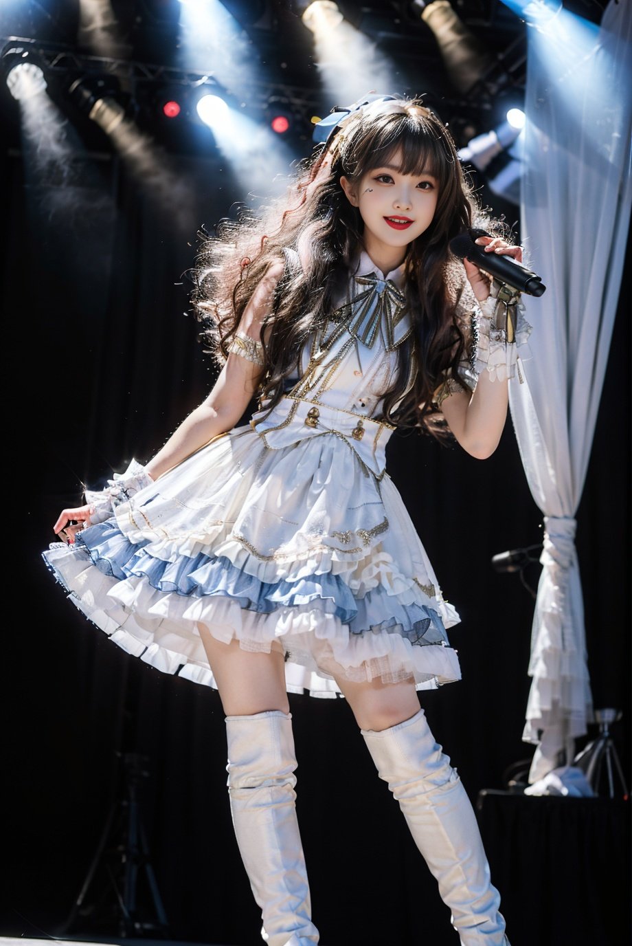 realistic, photorealistic, masterpiece, best quality, idol_costume, white knee boots, 1girl, solo, smile, idol, full body, looking at viewer, long black hair, standing on stage, stage lighting, stage spotlight, detailed background, singing, holding microphone, audience, <lora:Cute Asian Face:0.6>, <lora:idol_costume_style1_v2:0.7>