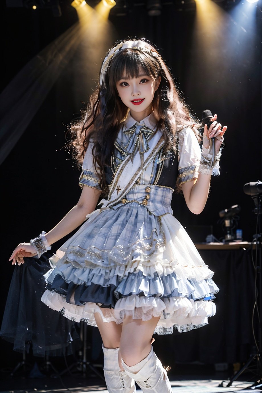 realistic, photorealistic, masterpiece, best quality, idol_costume, white knee boots, 1girl, solo, smile, idol, full body, looking at viewer, long black hair, standing on stage, stage lighting, stage spotlight, detailed background, singing, holding microphone, audience, <lora:Cute Asian Face:0.6>, <lora:idol_costume_style1_v2:0.7>