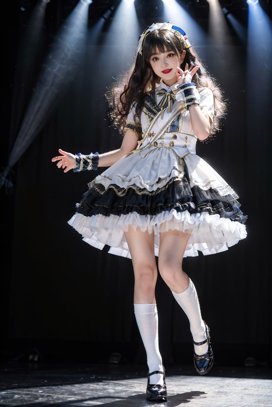 realistic, photorealistic, masterpiece, best quality, idol_costume, white socks, shoes, 1girl, solo, smile, idol, full body, looking at viewer, long black hair, standing on stage, stage lighting, stage spotlight, detailed background, singing, holding microphone, audience, <lora:Cute Asian Face:0.6>, <lora:idol_costume_style1_v2:0.7>