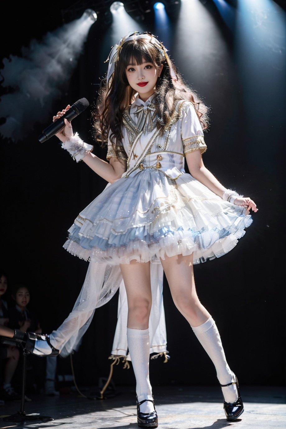 realistic, photorealistic, masterpiece, best quality, idol_costume, white socks, shoes, 1girl, solo, smile, idol, full body, looking at viewer, long black hair, standing on stage, stage lighting, stage spotlight, detailed background, singing, holding microphone, audience, <lora:Cute Asian Face:0.6>, <lora:idol_costume_style1_v2:0.7>