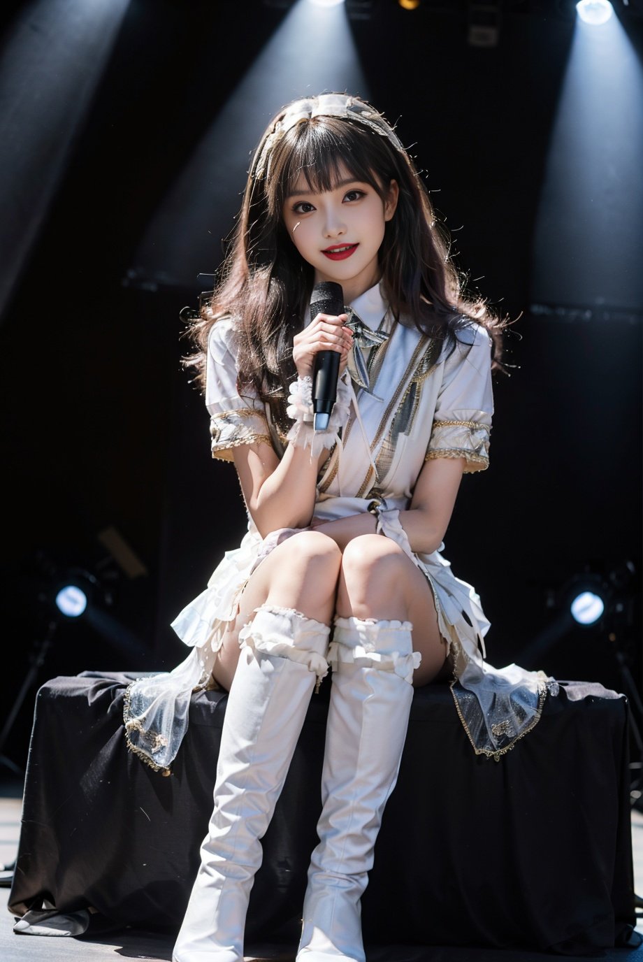 realistic, photorealistic, masterpiece, best quality, idol_costume, white knee boots, 1girl, solo, smile, idol, full body, looking at viewer, long black hair, sitting on stage, stage lighting, stage spotlight, detailed background, singing, holding microphone, audience, <lora:Cute Asian Face:0.6>, <lora:idol_costume_style1_v2:0.7>