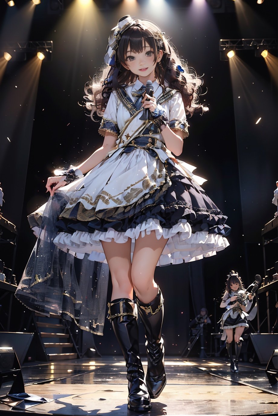 masterpiece, best quality, idol_costume, white knee boots, 1girl, solo, smile, idol, full body, looking at viewer, long black hair, standing on stage, stage lighting, stage spotlight, detailed background,  holding microphone, audience,  <lora:idol_costume_style1_v2:0.7>