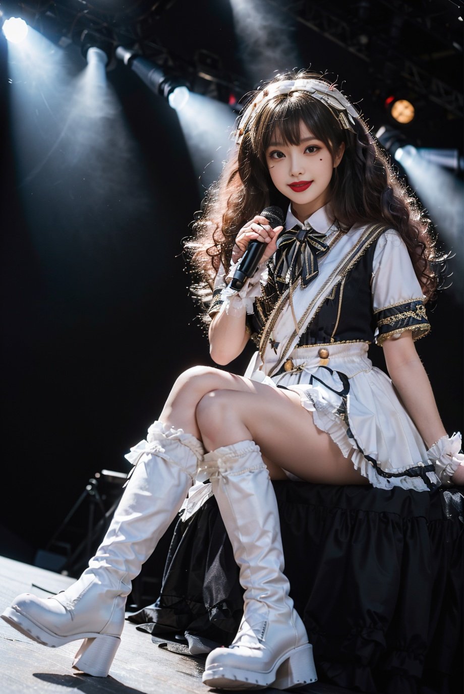 realistic, photorealistic, masterpiece, best quality, idol_costume, white knee boots, 1girl, solo, smile, idol, full body, looking at viewer, long black hair, sitting on stage, stage lighting, stage spotlight, detailed background, singing, holding microphone, audience, <lora:Cute Asian Face:0.6>, <lora:idol_costume_style1_v2:0.7>