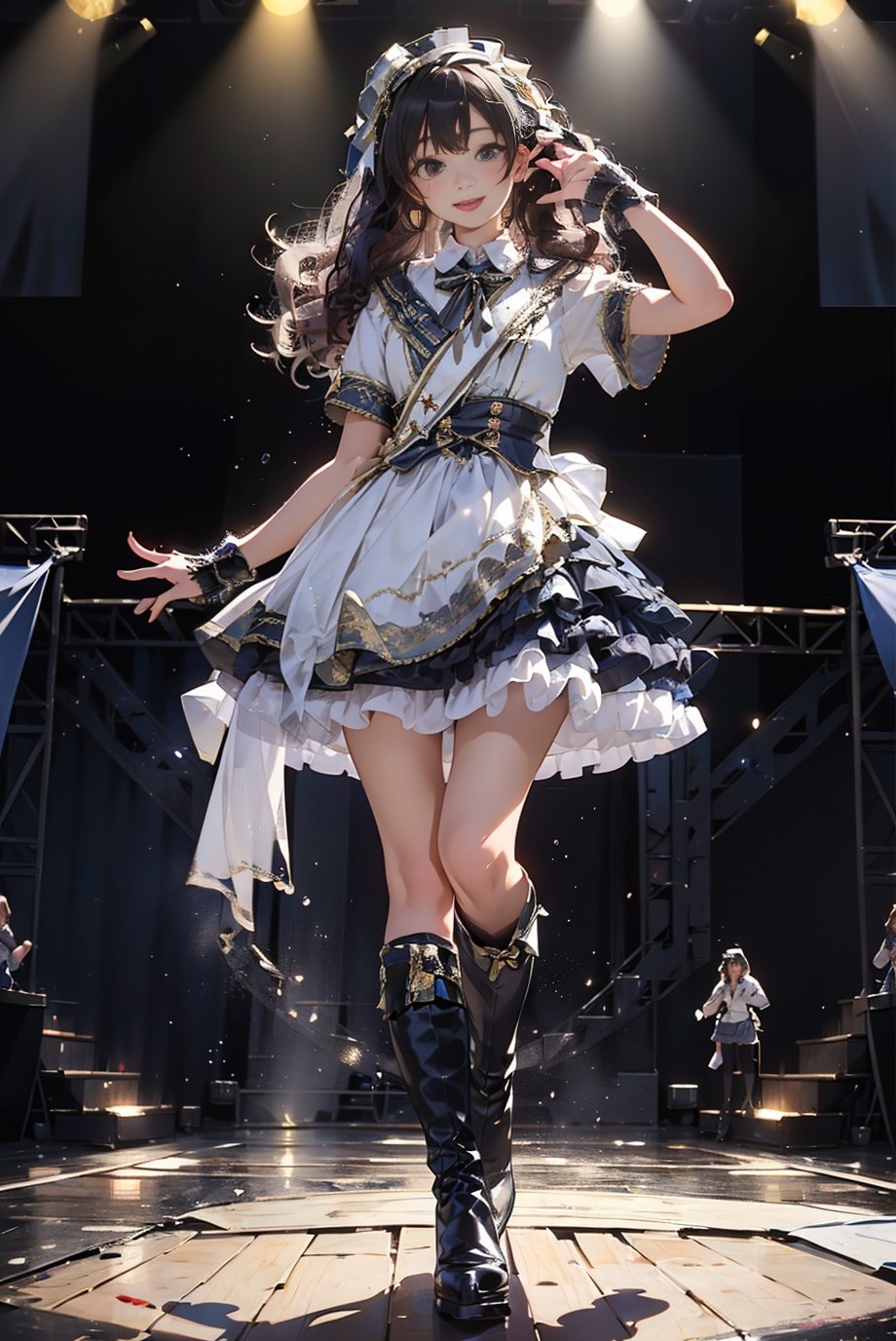 masterpiece, best quality, idol_costume, white knee boots, 1girl, solo, smile, idol, full body, looking at viewer, long black hair, standing on stage, stage lighting, stage spotlight, detailed background,  holding microphone, audience,  <lora:idol_costume_style1_v2:0.7>