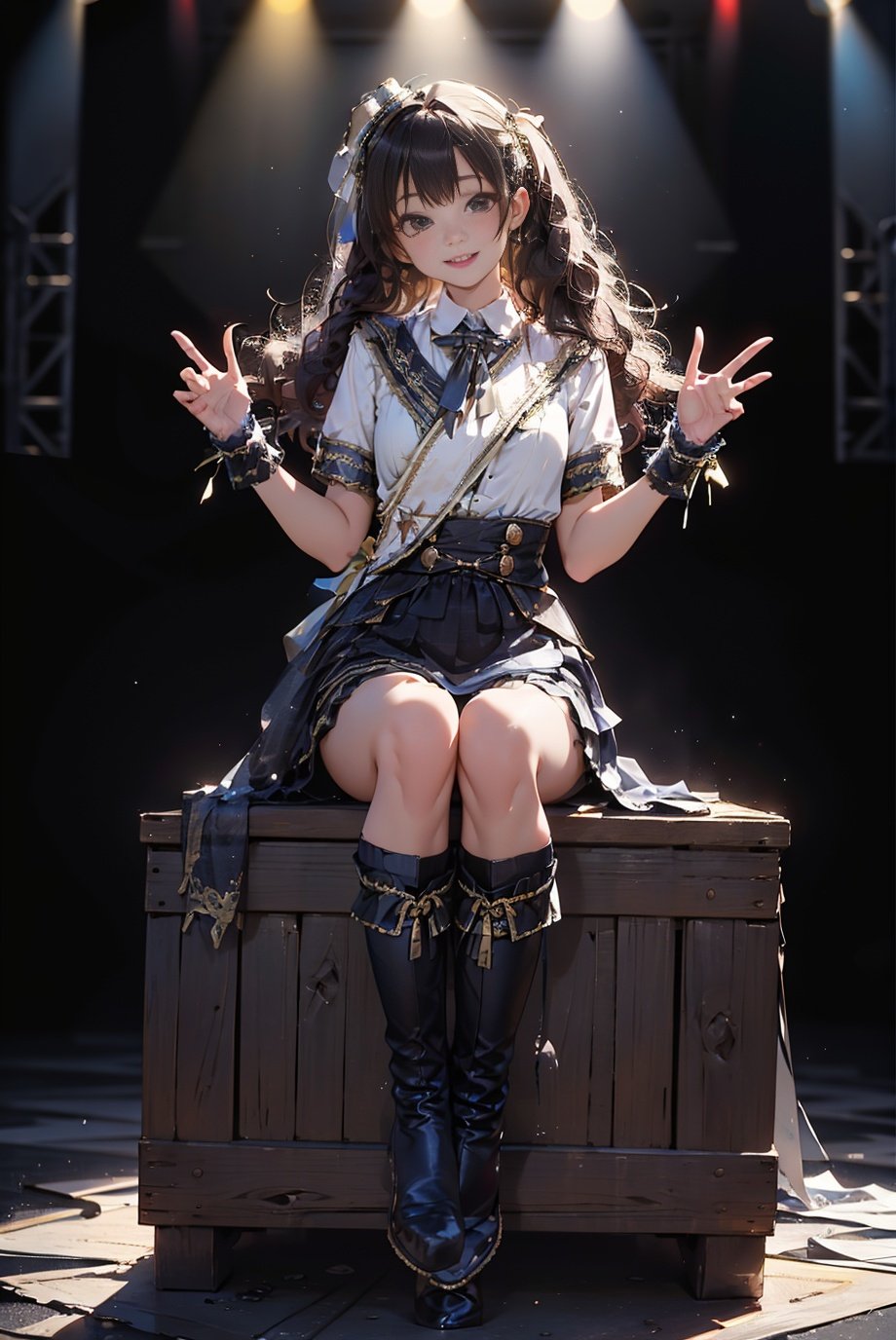 masterpiece, best quality, idol_costume, white knee boots, 1girl, solo, smile, idol, full body, looking at viewer, long black hair, sitting on stage, stage lighting, stage spotlight, detailed background,  holding microphone, audience,  <lora:idol_costume_style1_v2:0.7>