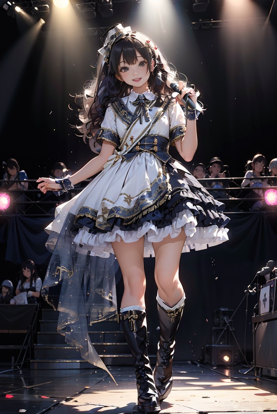 masterpiece, best quality, idol_costume, white knee boots, 1girl, solo, smile, idol, full body, looking at viewer, long black hair, standing on stage, stage lighting, stage spotlight, detailed background,  holding microphone, audience,  <lora:idol_costume_style1_v2:0.7>