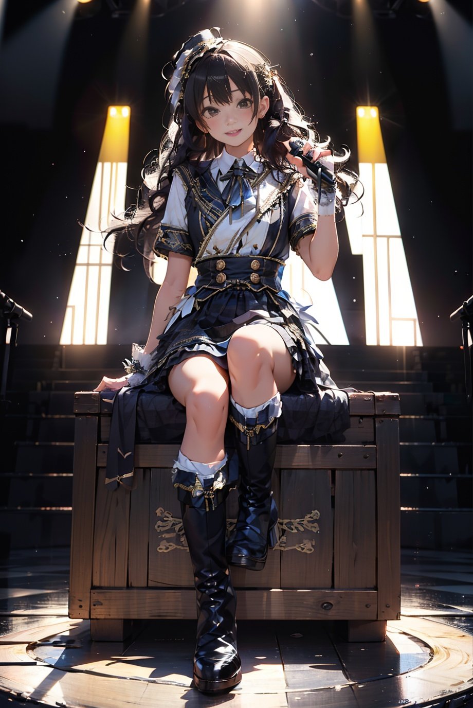 masterpiece, best quality, idol_costume, white knee boots, 1girl, solo, smile, idol, full body, looking at viewer, long black hair, sitting on stage, stage lighting, stage spotlight, detailed background,  holding microphone, audience,  <lora:idol_costume_style1_v2:0.7>