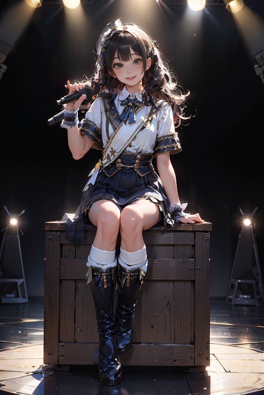 masterpiece, best quality, idol_costume, white knee boots, 1girl, solo, smile, idol, full body, looking at viewer, long black hair, sitting on stage, stage lighting, stage spotlight, detailed background,  holding microphone, audience,  <lora:idol_costume_style1_v2:0.7>