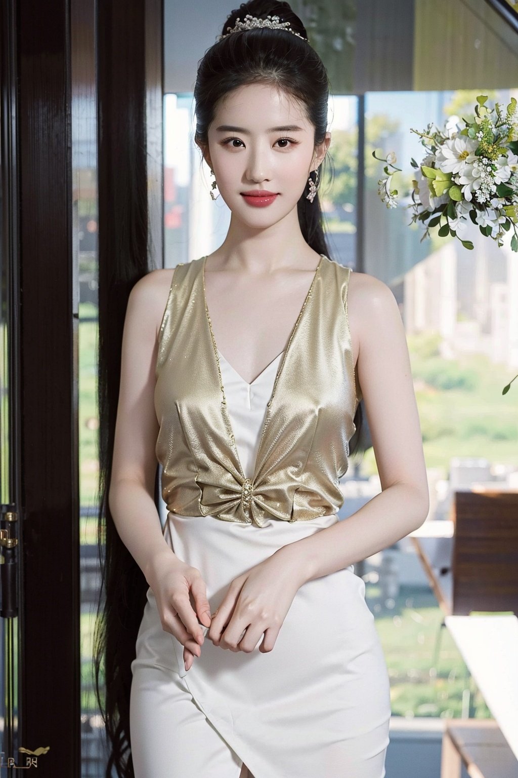 photorealistic, best quality, 8K raw photos, 

centered from front, looking-at-viewer

solo, liuyifei NOT makeup, formal dress, light smile, perfect anatomy, perfect proportions, realistic skin textures,

indoor background,
