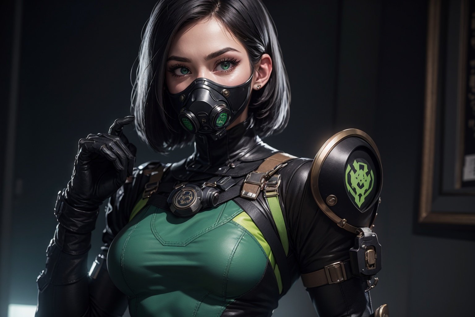 best quality, 1girl,full body, solo, white woman, big breasts, muscular,sexy pose, different poses, beautiful face, super detailed and realistic eyes, smile, volumetric lighting, best quality, masterpiece, intricate details, tonemapping, sharp focus, hyper detailed,valorantviper,green bodysuit,elbow gloves,belt,thigh boots,gasmask,military complex