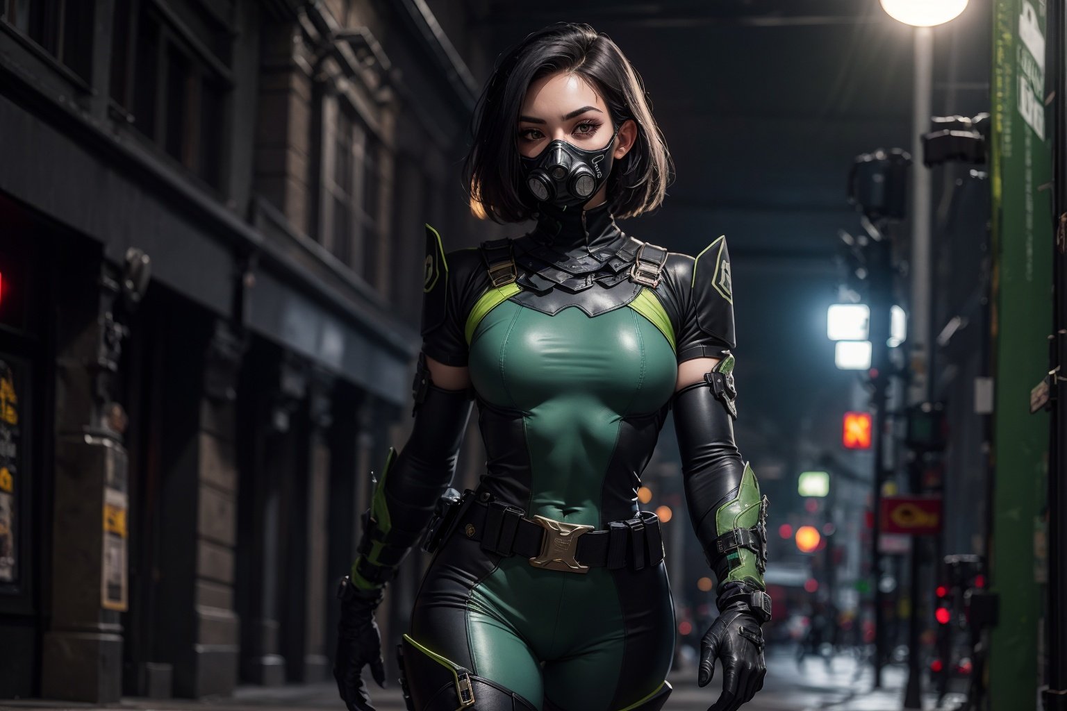 best quality, 1girl,full body, solo, white woman, big breasts, muscular,sexy pose, different poses, beautiful face, super detailed and realistic eyes, smile, volumetric lighting, best quality, masterpiece, intricate details, tonemapping, sharp focus, hyper detailed,valorantviper,green bodysuit,elbow gloves,belt,thigh boots,gasmask,military complex