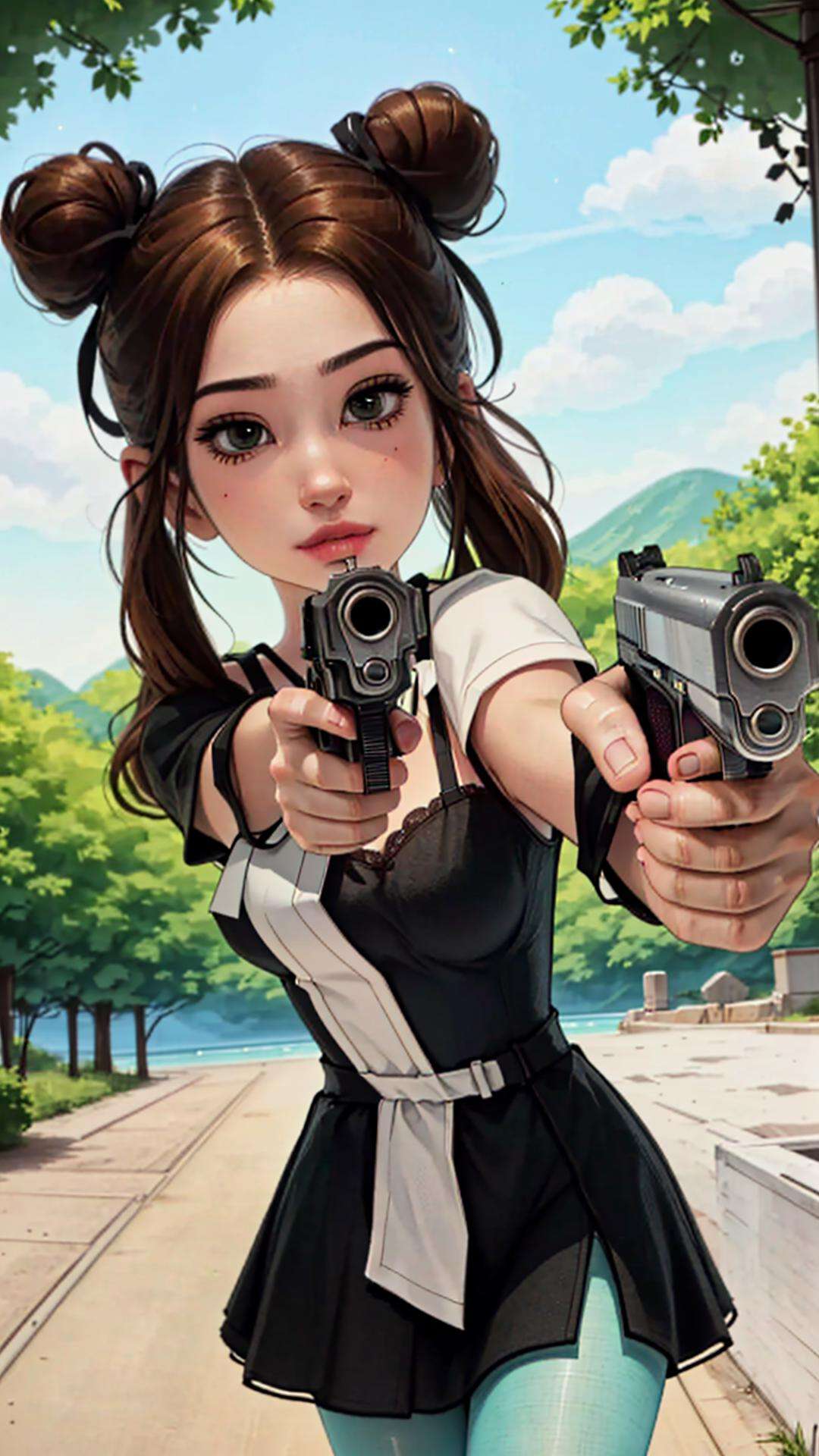 (gun, aiming at viewer, holding gun, gunatyou:1.3) (fisheye:1.1), (full body:1.2), thick thighs, thick lips, smug, cos, narrow waist, (perspective:1.2), face, 1girl, solo, (pantyhose, pelvic curtain, short sleeves, (black dress:1.3), lingerie, side slit, double bun, looking at viewer, brown hair:1.35), (reflections:1.2), (outdoors background:1.3), (masterpiece:1.2, best quality), (real picture, intricate details), (1girl:1.0) ,solo, (shiny skin:1.1), model posture, medium breasts, <lora:omar-dogan-968it-novae:1> <lora:samdoesart-(sam-yang)-1613it-novae:0.8>  <lora:gunAimingAtYouV1:1>